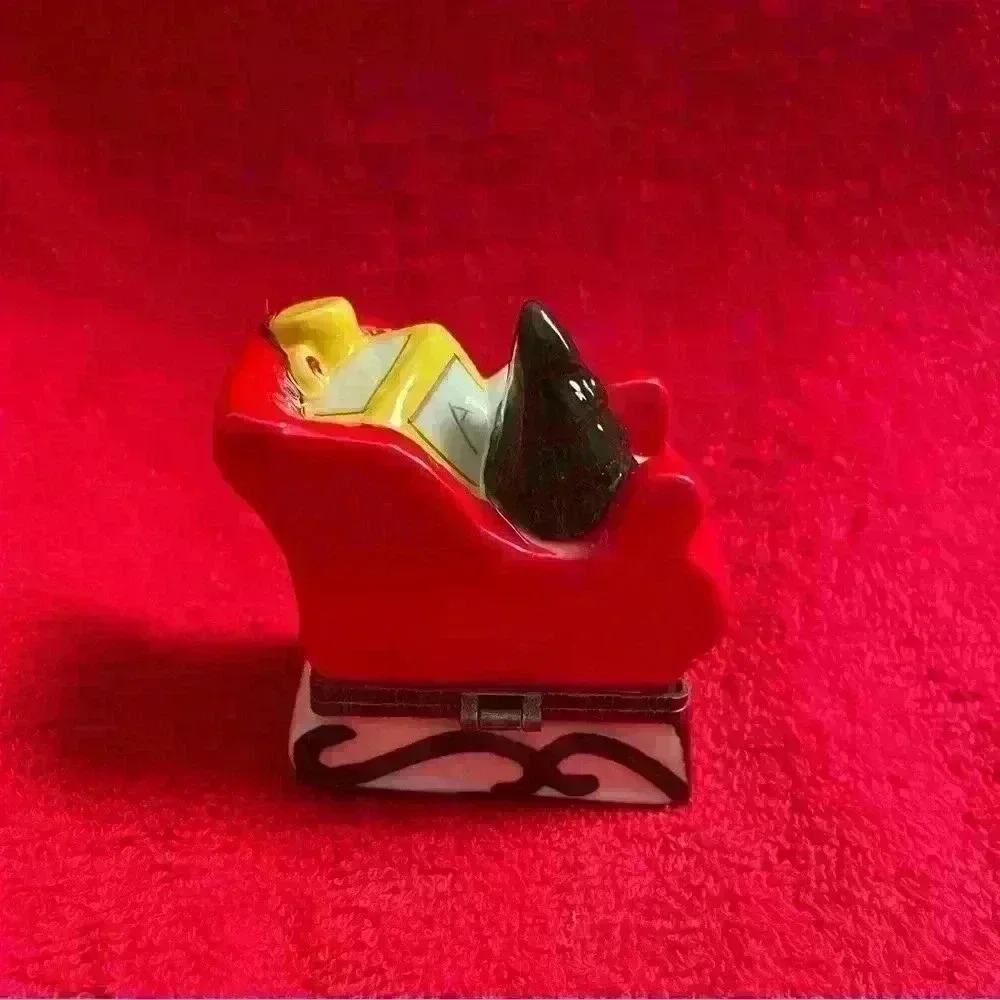 Two Vintage Christmas Porcelain Hinged Trinket Boxes Snowman and Sleigh NIB